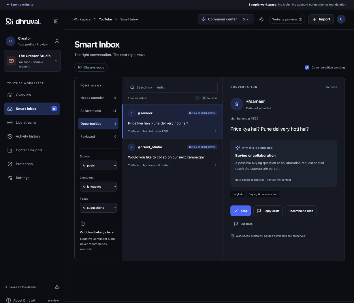 DhruvAI Smart Inbox: filters on the left, fictional comments in the middle, and context and review actions on the right.